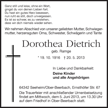 Traueranzeige von Dorothea Dietrich von Echo-Zeitungen (Gesamtausgabe)