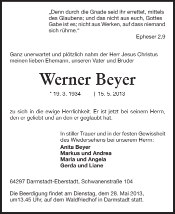 Traueranzeige von Werner Beyer von Echo-Zeitungen (Gesamtausgabe)