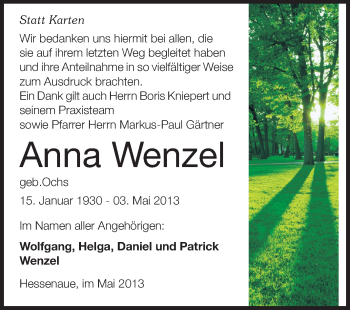 Traueranzeige von Anna Wenzel von Rüsselsheimer Echo, Groß-Gerauer-Echo, Ried Echo