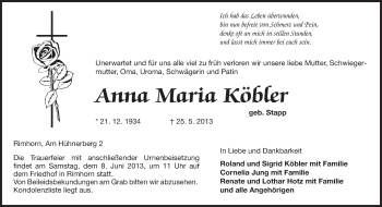 Traueranzeige von Anna Maria Köbler von Odenwälder Echo