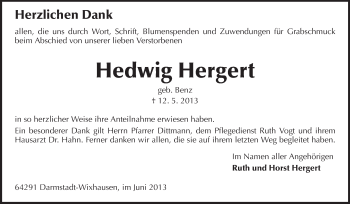 Traueranzeige von Hedwig Hergert von Darmstädter Echo, Odenwälder Echo, Rüsselsheimer Echo, Groß-Gerauer-Echo, Ried Echo