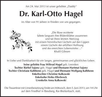 Traueranzeige von Karl-Otto Hagel von Odenwälder Echo