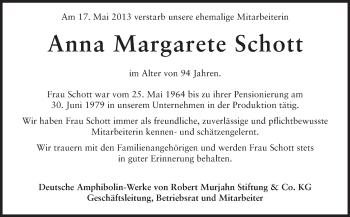 Traueranzeige von Anna Margarete Schott von Echo-Zeitungen (Gesamtausgabe)