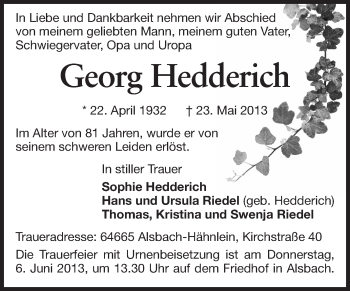 Traueranzeige von Georg Hedderich von Echo-Zeitungen (Gesamtausgabe)