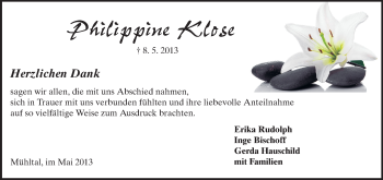 Traueranzeige von Philippine Klose von Echo-Zeitungen (Gesamtausgabe)