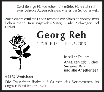 Traueranzeige von Georg Reh von Rüsselsheimer Echo, Groß-Gerauer-Echo, Ried Echo