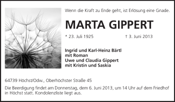 Traueranzeige von Marta Gippert von Odenwälder Echo