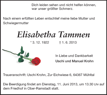 Traueranzeige von Elisabetha Tammen von Echo-Zeitungen (Gesamtausgabe)