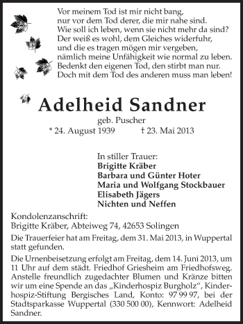 Traueranzeige von Adelheid Sandner von Echo-Zeitungen (Gesamtausgabe)
