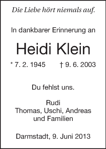 Traueranzeige von Heidi Klein von Echo-Zeitungen (Gesamtausgabe)