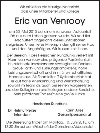 Traueranzeige von Eric van Venrooy von Echo-Zeitungen (Gesamtausgabe)