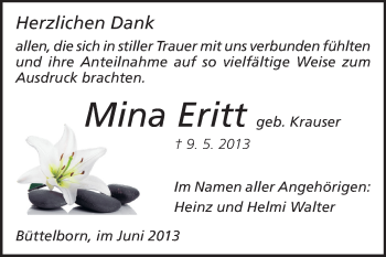 Traueranzeige von Mina Eritt von Rüsselsheimer Echo, Groß-Gerauer-Echo, Ried Echo