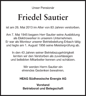 Traueranzeige von Friedel Sautier von Echo-Zeitungen (Gesamtausgabe)