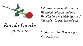 Traueranzeige von Karola Leeske von Darmstädter Echo, Odenwälder Echo, Rüsselsheimer Echo, Groß-Gerauer-Echo, Ried Echo