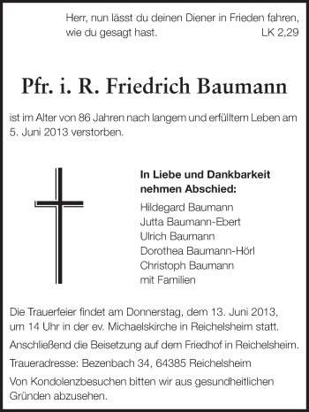 Traueranzeige von Friedrich Baumann von Echo-Zeitungen (Gesamtausgabe)