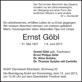 Traueranzeige von Ernst Göbl von Echo-Zeitungen (Gesamtausgabe)