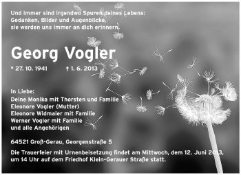 Traueranzeige von Georg Vogler von Rüsselsheimer Echo, Groß-Gerauer-Echo, Ried Echo