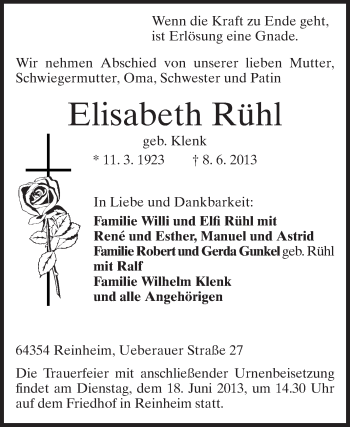 Traueranzeige von Elisabeth Rühl von Echo-Zeitungen (Gesamtausgabe)
