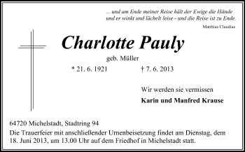Traueranzeige von Charlotte Pauly von Odenwälder Echo