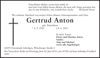 Traueranzeige von Gertrud Anton von Echo-Zeitungen (Gesamtausgabe)