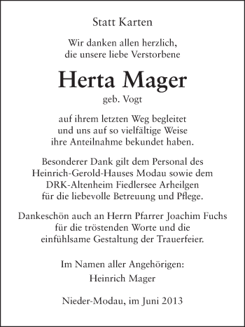 Traueranzeige von Herta Mager von Echo-Zeitungen (Gesamtausgabe)