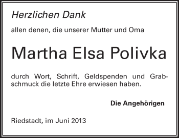 Traueranzeige von Martha Elsa Polivka von Rüsselsheimer Echo, Groß-Gerauer-Echo, Ried Echo