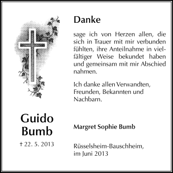 Traueranzeige von Guido Bumb von Rüsselsheimer Echo, Groß-Gerauer-Echo, Ried Echo