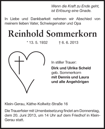 Traueranzeige von Reinhold Sommerkorn von Echo-Zeitungen (Gesamtausgabe)