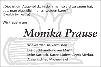 Traueranzeige von Monika Prause von Echo-Zeitungen (Gesamtausgabe)