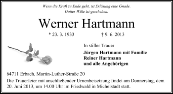 Traueranzeige von Werner Hartmann von Odenwälder Echo