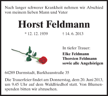 Traueranzeige von Horst Feldmann von Echo-Zeitungen (Gesamtausgabe)