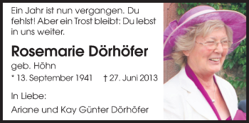 Traueranzeige von Rosemarie Dörhöfer von Rüsselsheimer Echo, Groß-Gerauer-Echo, Ried Echo