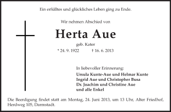 Traueranzeige von Herta Aue von Darmstädter Echo, Odenwälder Echo, Rüsselsheimer Echo, Groß-Gerauer-Echo, Ried Echo