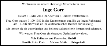 Traueranzeige von Inge Gorr von Darmstädter Echo, Odenwälder Echo, Rüsselsheimer Echo, Groß-Gerauer-Echo, Ried Echo
