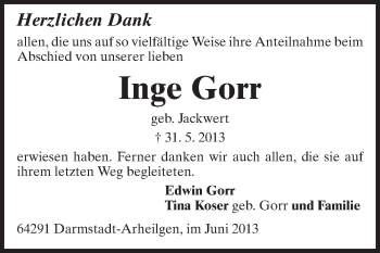 Traueranzeige von Inge Gorr von Echo-Zeitungen (Gesamtausgabe)