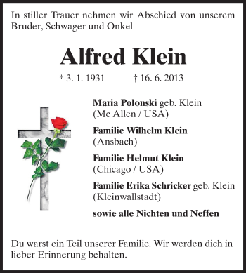 Traueranzeige von Alfred Klein von Echo-Zeitungen (Gesamtausgabe)