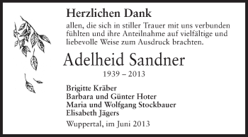 Traueranzeige von Adelheid Sandner von Echo-Zeitungen (Gesamtausgabe)