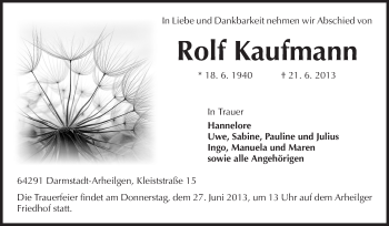Traueranzeige von Rolf Kaufmann von Echo-Zeitungen (Gesamtausgabe)