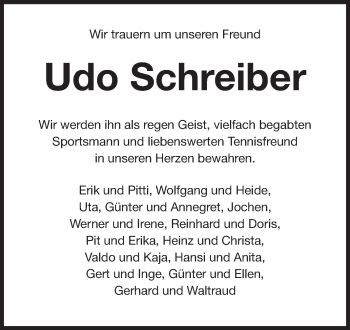 Traueranzeige von Udo Schreiber von Echo-Zeitungen (Gesamtausgabe)