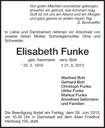 Traueranzeige von Elisabeth Funke von Darmstädter Echo, Odenwälder Echo, Rüsselsheimer Echo, Groß-Gerauer-Echo, Ried Echo