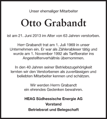 Traueranzeige von Otto Grabandt von Echo-Zeitungen (Gesamtausgabe)
