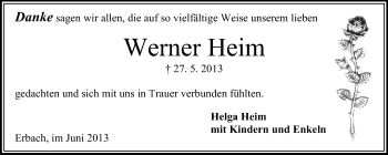 Traueranzeige von Werner Heim von Odenwälder Echo