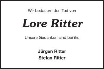 Traueranzeige von Lore Ritter von Echo-Zeitungen (Gesamtausgabe)