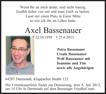 Traueranzeige von Axel Bassenauer von Echo-Zeitungen (Gesamtausgabe)