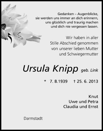 Traueranzeige von Ursula Knipp von Echo-Zeitungen (Gesamtausgabe)