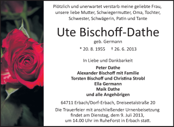 Traueranzeige von Ute Bischoff-Dathe von Odenwälder Echo