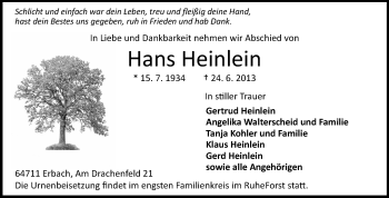 Traueranzeige von Hans Heinlein von Odenwälder Echo