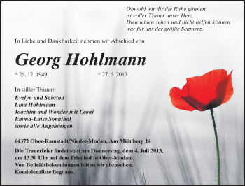 Traueranzeige von Georg Hohlmann von Echo-Zeitungen (Gesamtausgabe)