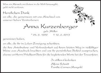 Traueranzeige von Anna Kurzenberger von Starkenburger Echo