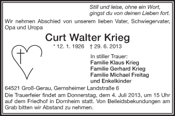Traueranzeige von Curt Walter Krieg von Rüsselsheimer Echo, Groß-Gerauer-Echo, Ried Echo